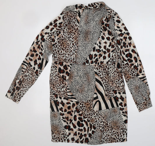 PRETTYLITTLETHING Womens Multicoloured Animal Print Polyester A-Line  Size 6  Collared  - leopard Print