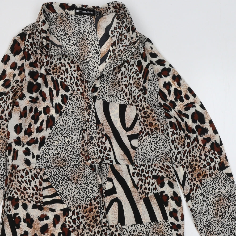 PRETTYLITTLETHING Womens Multicoloured Animal Print Polyester A-Line  Size 6  Collared  - leopard Print