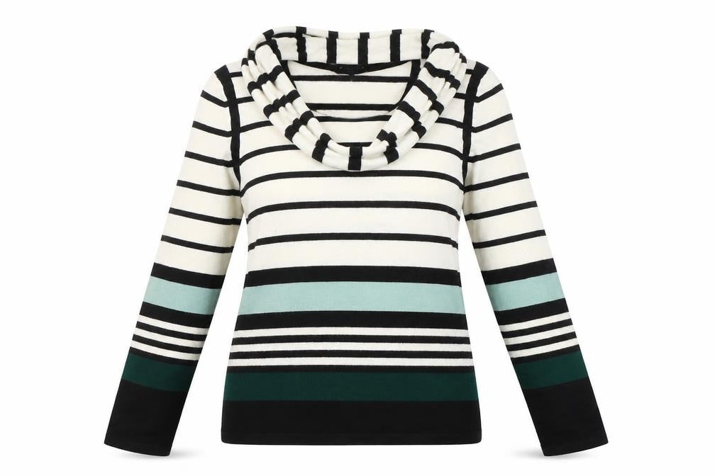 Front view of Principles women’s multicoloured round neck striped acrylic jumper, size UK 12, - scarf attatched