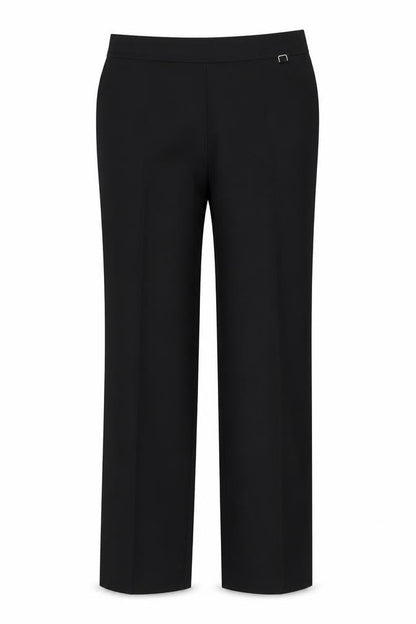 Front view of Preworn women’s black polyester trousers, size UK 30, in, 26-inch leg regular