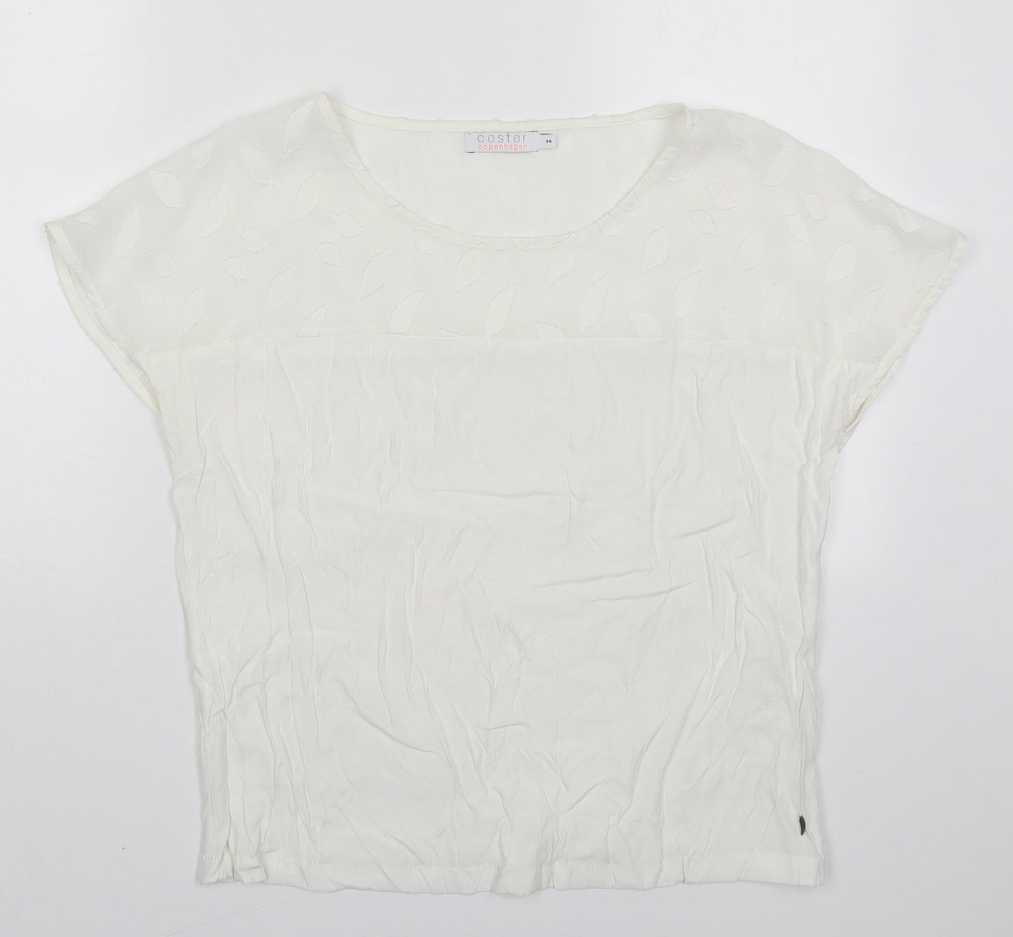 Coster Womens White  Viscose Basic Blouse Size 8 Round Neck - Leaf Pattern