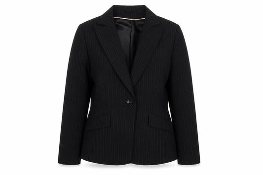 Front view of Bay women’s black striped polyester jacket suit jacket, size UK 14
