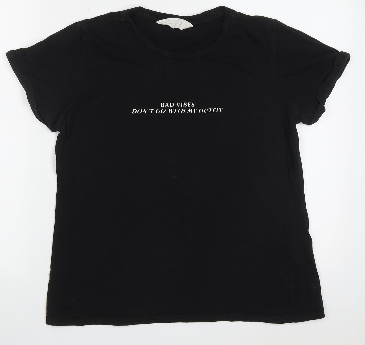Primark Womens Black  Cotton Basic T-Shirt Size M Crew Neck - bad vibes dont go with my outfit