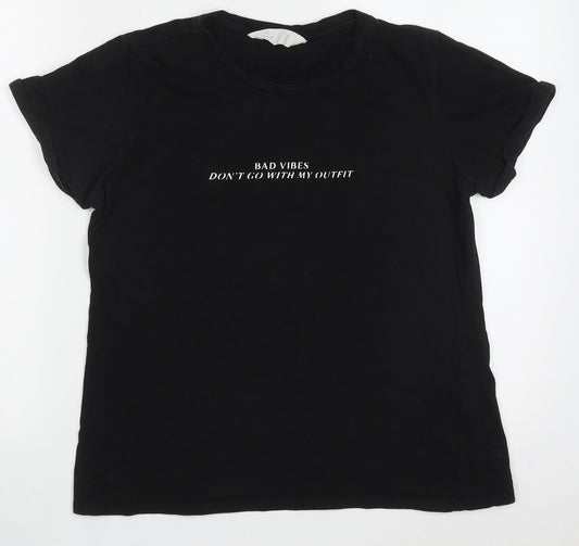 Primark Womens Black  Cotton Basic T-Shirt Size M Crew Neck - bad vibes dont go with my outfit