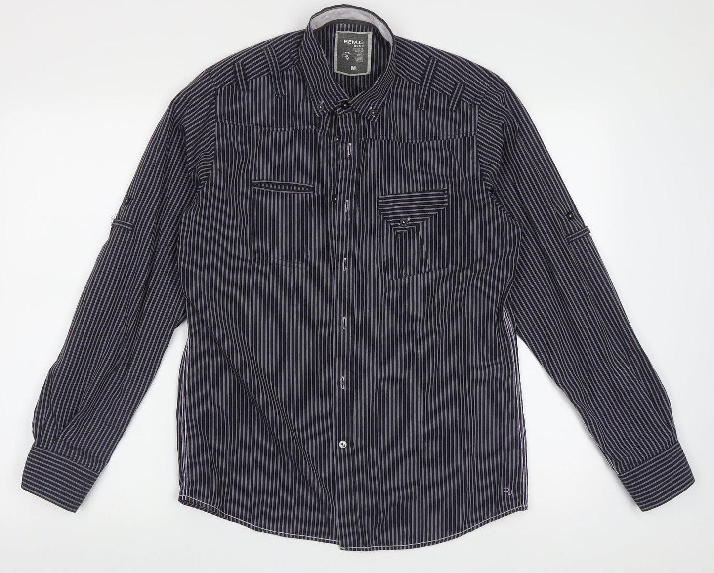REMUS Mens Purple Striped Polyester  Button-Up Size M Collared Button