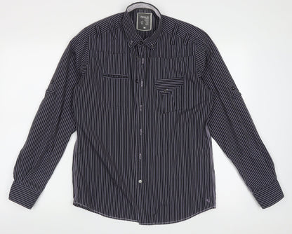 REMUS Mens Purple Striped Polyester  Button-Up Size M Collared Button