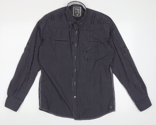 REMUS Mens Purple Striped Polyester  Button-Up Size M Collared Button