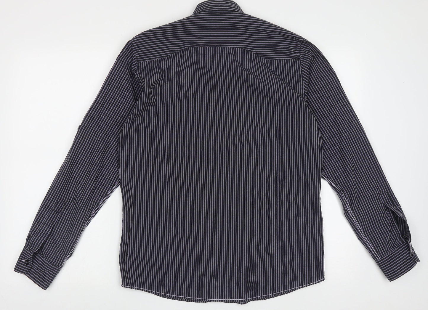 REMUS Mens Purple Striped Polyester  Button-Up Size M Collared Button