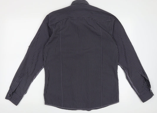 REMUS Mens Purple Striped Polyester  Button-Up Size M Collared Button