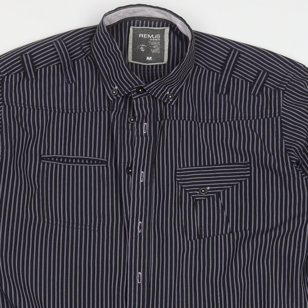 REMUS Mens Purple Striped Polyester  Button-Up Size M Collared Button