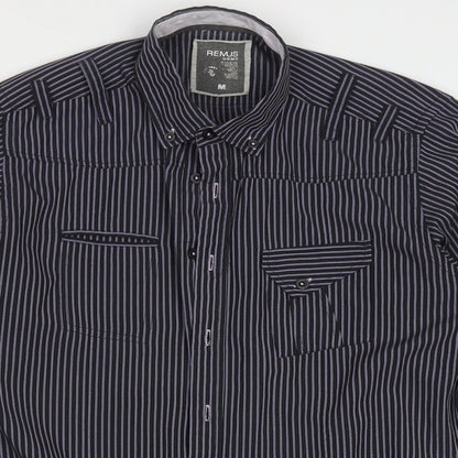 REMUS Mens Purple Striped Polyester  Button-Up Size M Collared Button