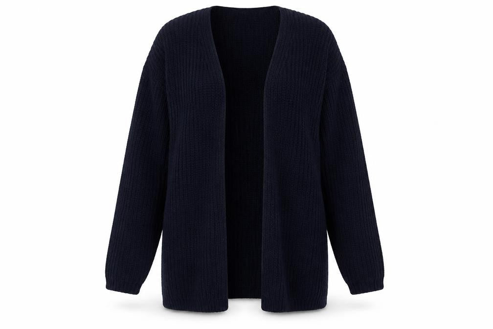 Front view of Exhibit women’s blue v-neck acrylic cardigan jumper, size M
