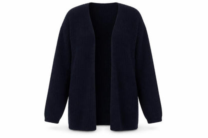Front view of Exhibit women’s blue v-neck acrylic cardigan jumper, size M