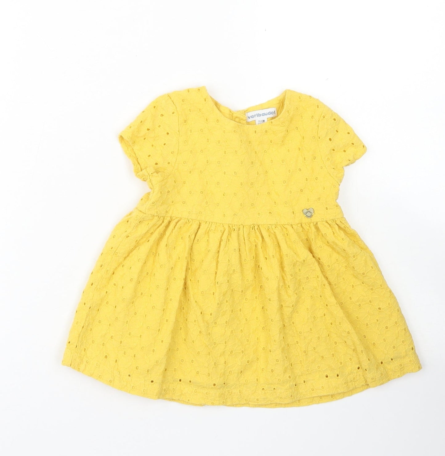 Vertbaudet Girls Yellow  Cotton Skater Dress  Size 9-12 Months  Crew Neck Snap