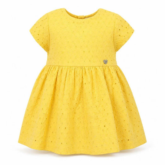 Vertbaudet Girls Yellow  Cotton Skater Dress  Size 9-12 Months  Crew Neck Snap