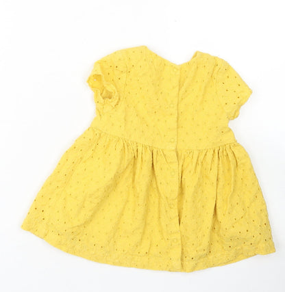 Vertbaudet Girls Yellow  Cotton Skater Dress  Size 9-12 Months  Crew Neck Snap