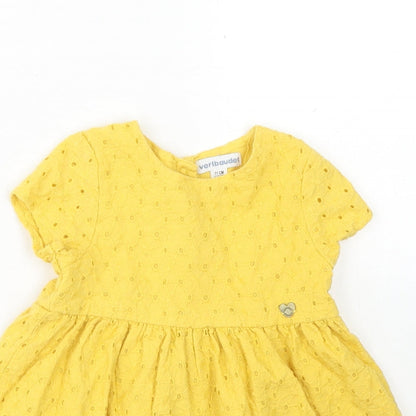 Vertbaudet Girls Yellow  Cotton Skater Dress  Size 9-12 Months  Crew Neck Snap