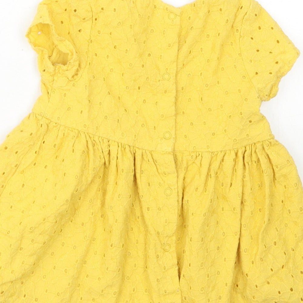 Vertbaudet Girls Yellow  Cotton Skater Dress  Size 9-12 Months  Crew Neck Snap