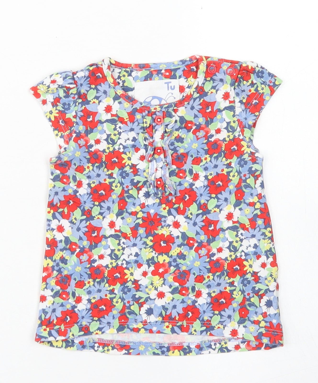 TU Girls Red Floral Cotton Basic T-Shirt Size 3-6 Months Crew Neck