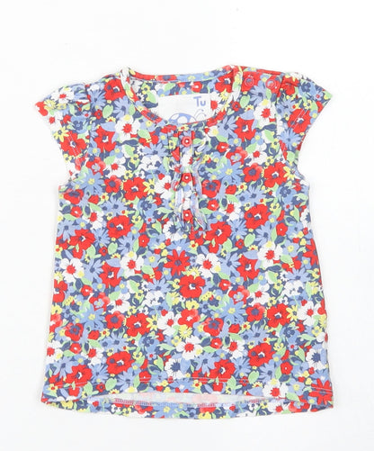 TU Girls Red Floral Cotton Basic T-Shirt Size 3-6 Months Crew Neck