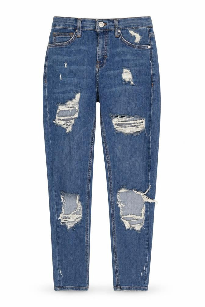 Front view of Topshop women’s blue cotton skinny jeans, size UK 26, in, 26-inch leg regular button