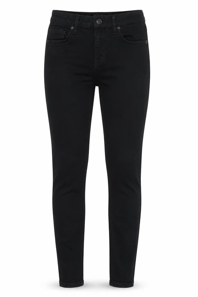 Front view of Topshop women’s black cotton skinny jeans, size UK 26, in, 29-inch leg regular button