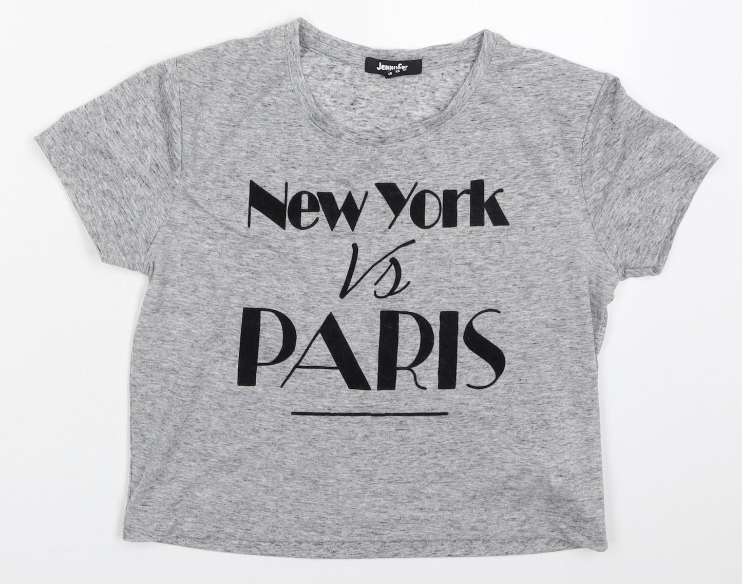 Jennyfre Womens Grey  Polyester Cropped T-Shirt Size XS Crew Neck - New York VS Paris