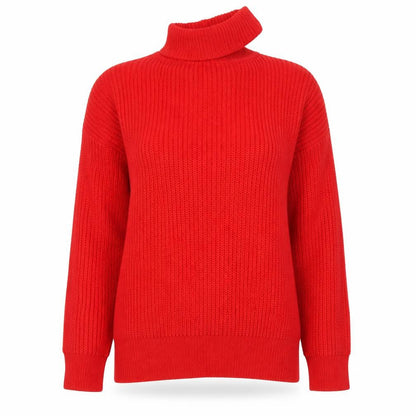 Front view of Simply Be women’s red high neck acrylic jumper, size S, - cut out neckline