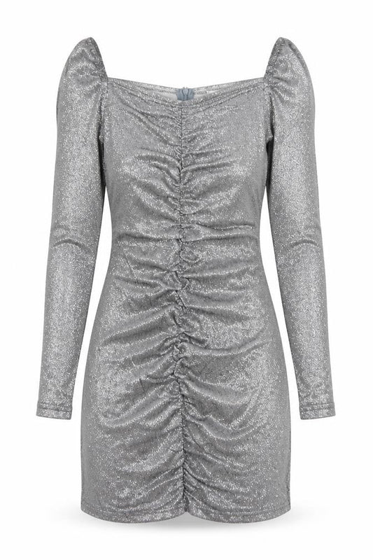 Front view of Femme Luxe women’s silver polyester bodycon, size S, sweetheart