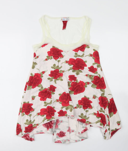 Denim Co Womens White Floral Cotton Basic Tank Size 8 Round Neck - Mesh Neckline