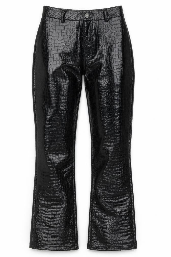 Front view of Motel Rocks women’s black animal print polyester trousers, size XS, 31-inch leg regular button - snake print