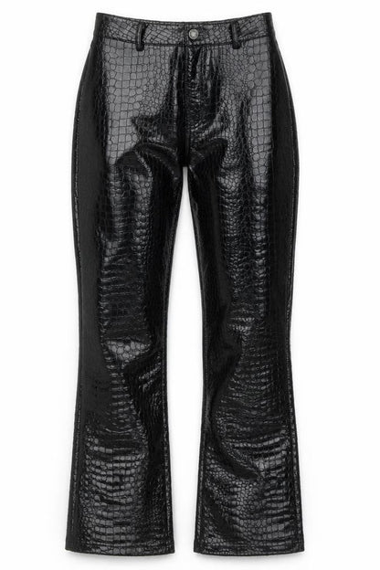 Front view of Motel Rocks women’s black animal print polyester trousers, size XS, 31-inch leg regular button - snake print