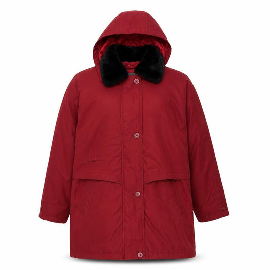 Front view of Hawshead women’s red parka coat, size UK 10, zip