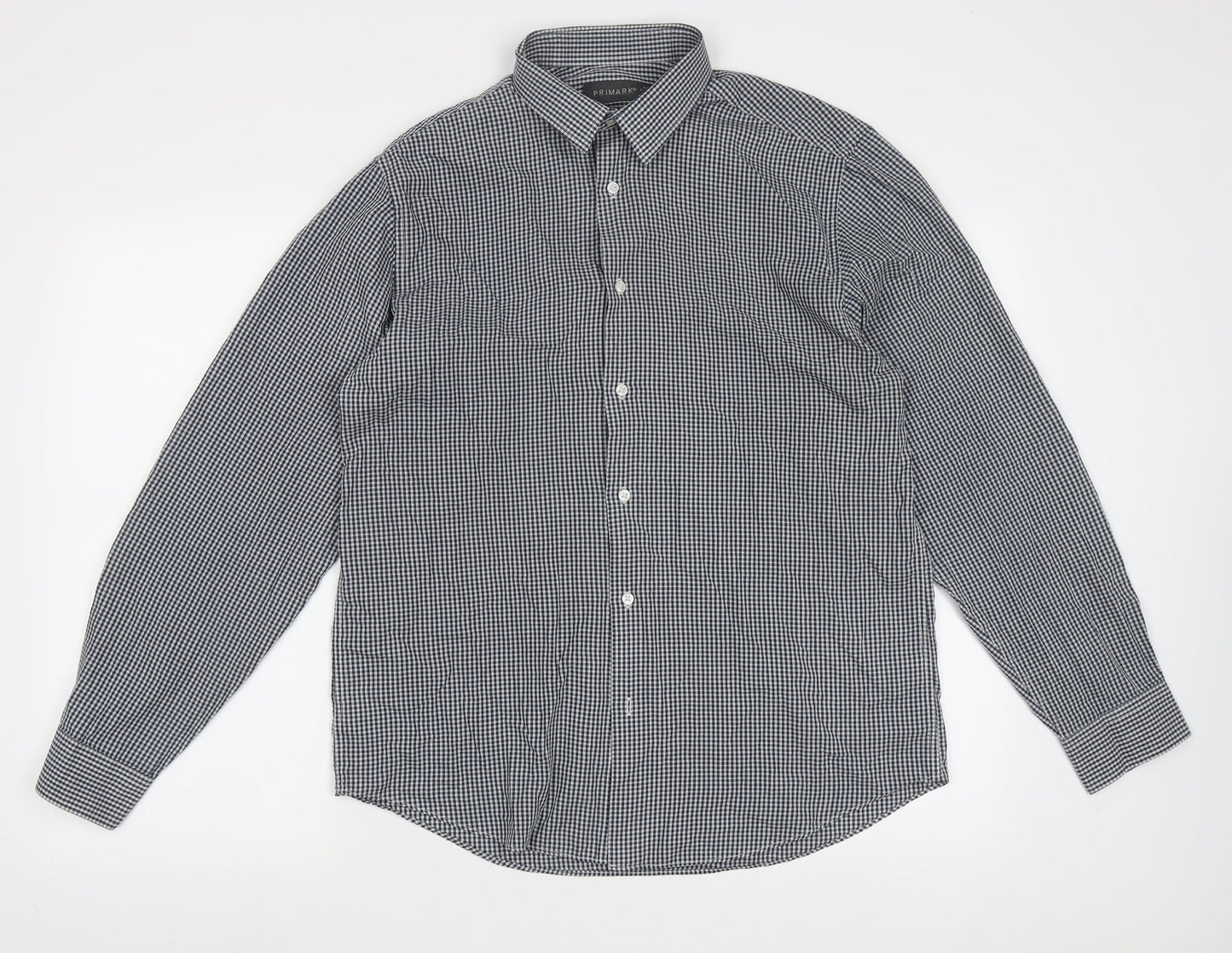 Primark Mens Blue Check Polyester  Button-Up Size 16 Collared Button