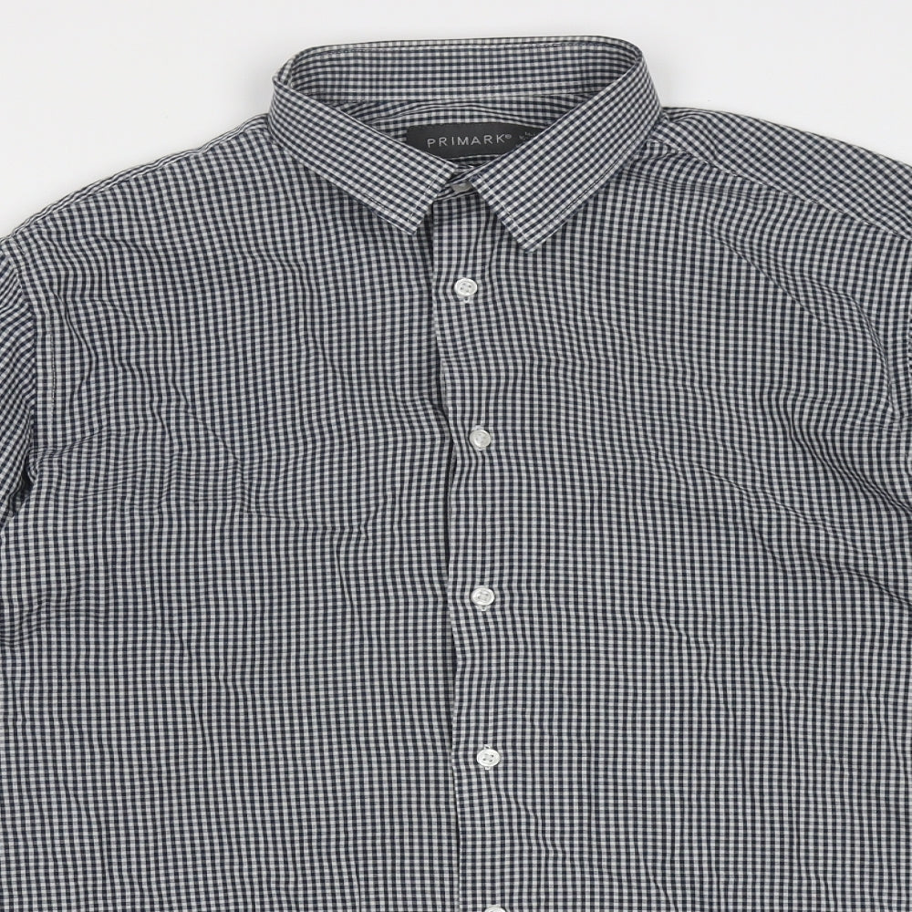 Primark Mens Blue Check Polyester  Button-Up Size 16 Collared Button