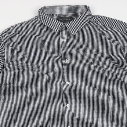 Primark Mens Blue Check Polyester  Button-Up Size 16 Collared Button