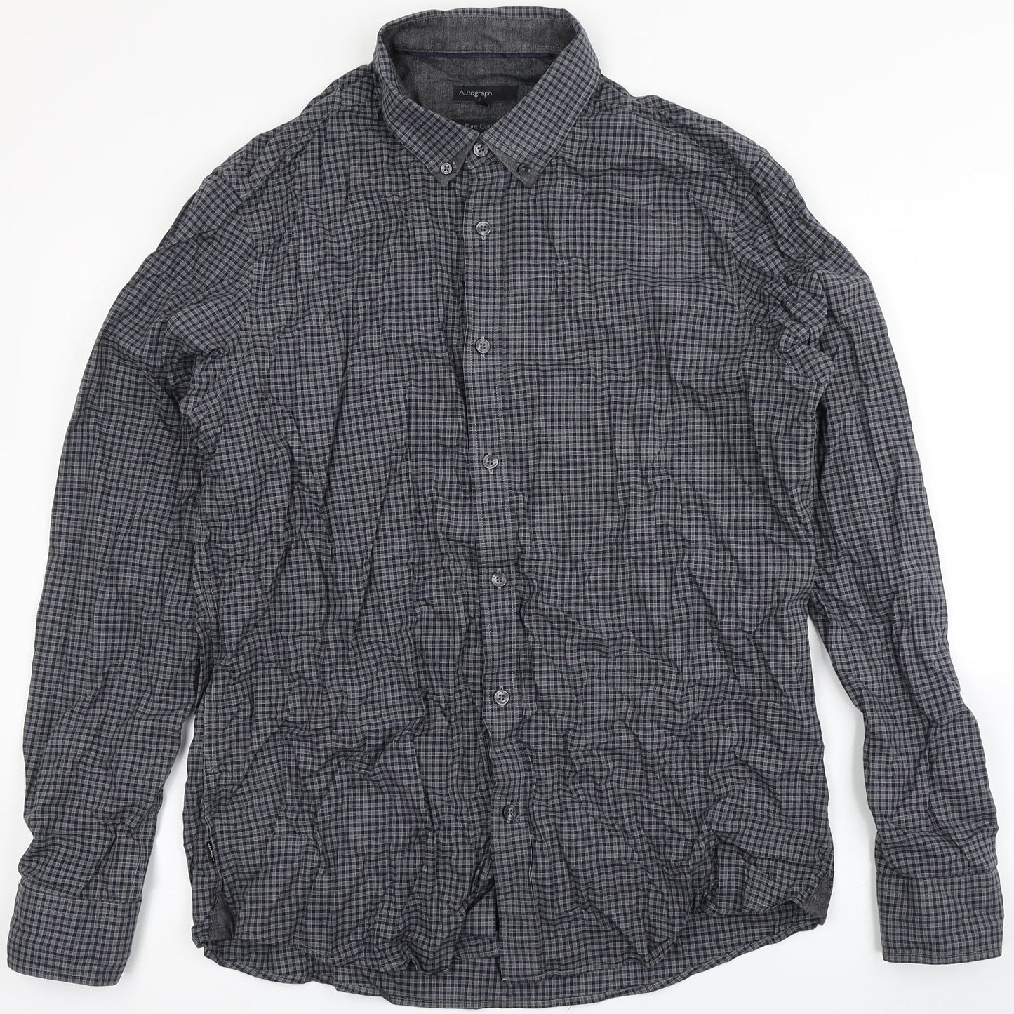 Autograph Mens Blue Check Polyester  Button-Up Size L Round Neck Button