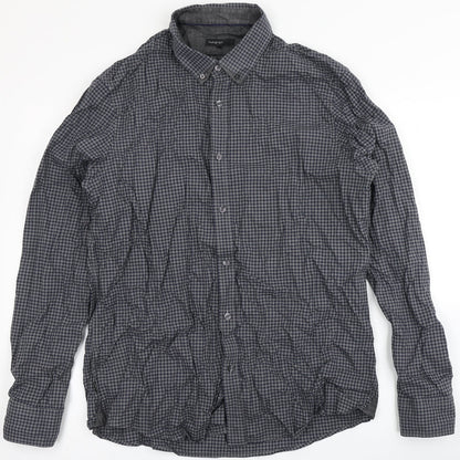 Autograph Mens Blue Check Polyester  Button-Up Size L Round Neck Button