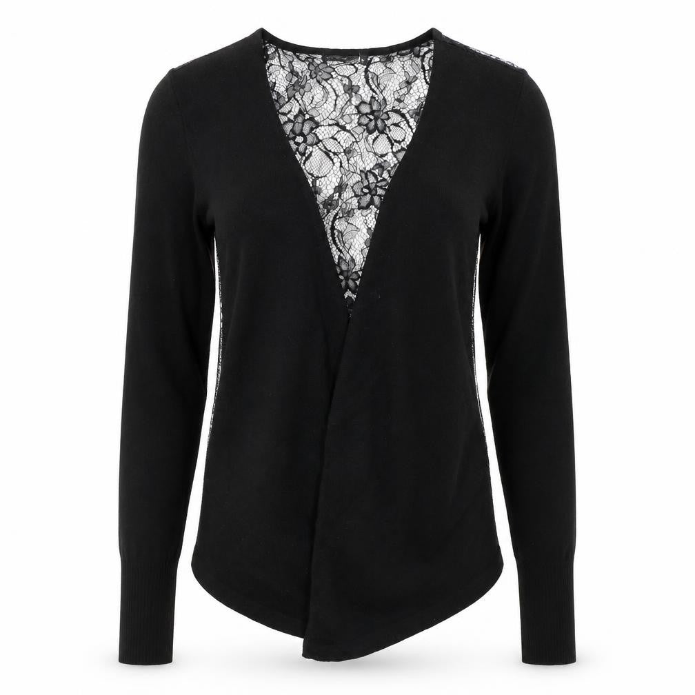 Front view of Vero Moda women’s black v-neck floral polyester cardigan jumper, size S, - laced back