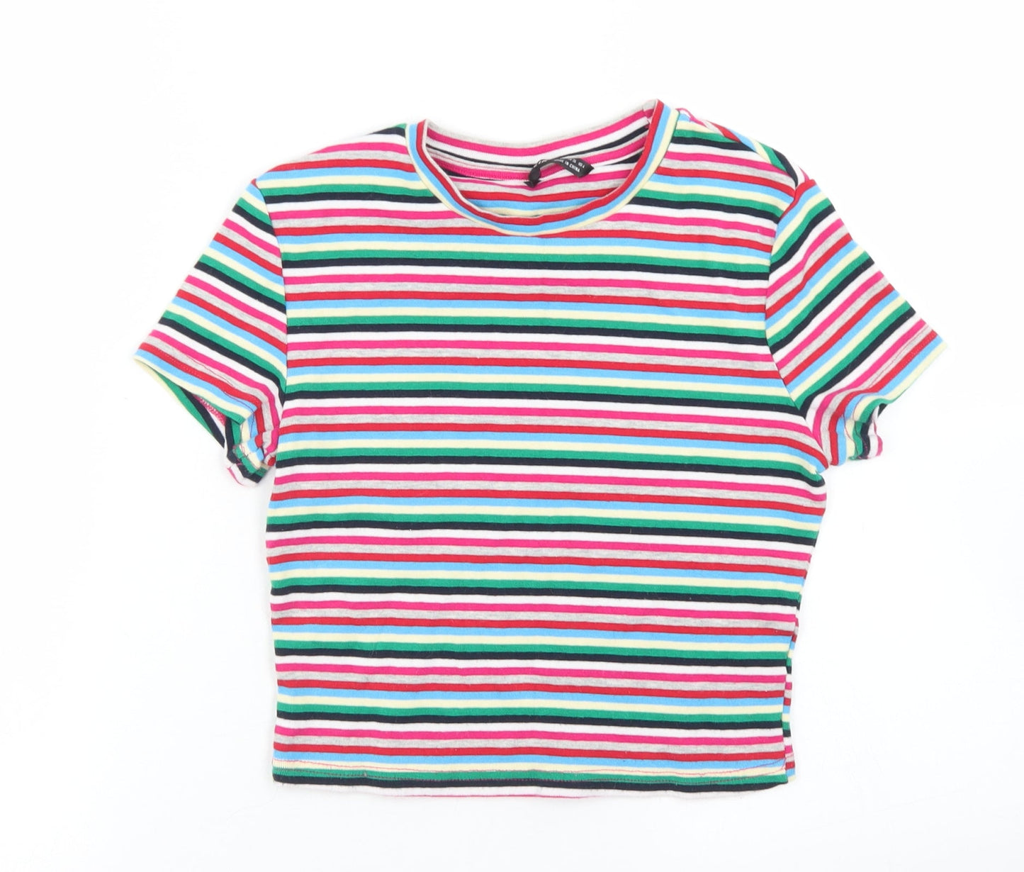 SheIn Womens Multicoloured Striped Cotton Cropped T-Shirt Size S Crew Neck