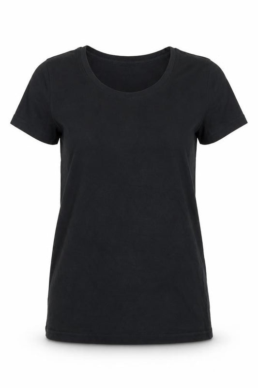 Front view of Reebok women’s black cotton basic t-shirt, size S, crew neck