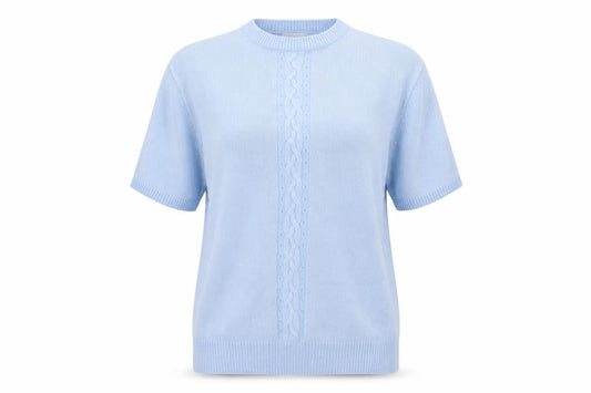 Front view of Berkertex women’s blue round neck geometric acrylic jumper, size UK 14