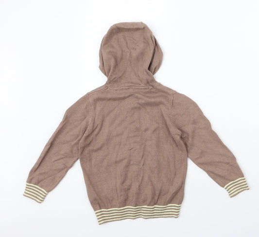 Marks and Spencer Boys Brown High Neck Striped 100% Cotton Cardigan Jumper Size 3-4 Years Button