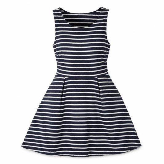 Front view of Vera Moda women’s blue striped polyester skater dress, size S, round neck pullover