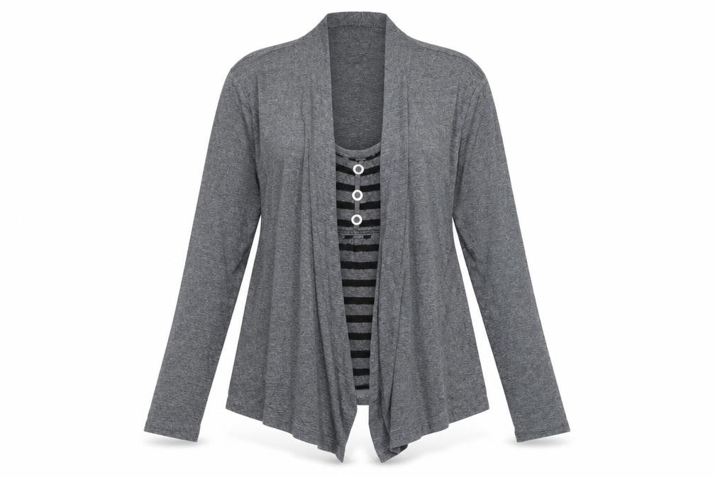 Front view of Marks & Spencer women’s grey round neck polyester cardigan jumper, size UK 10