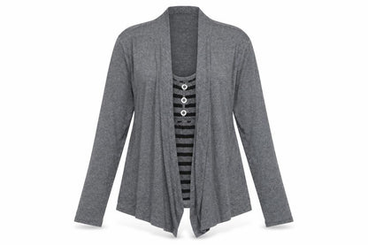 Front view of Marks & Spencer women’s grey round neck polyester cardigan jumper, size UK 10