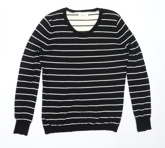 Linea Womens Black Round Neck Striped Wool Pullover Jumper Size S