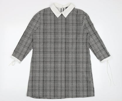 Primark Womens Black Check Polyester A-Line  Size 14  Collared Button