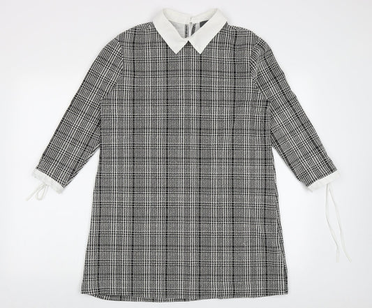 Primark Womens Black Check Polyester A-Line  Size 14  Collared Button