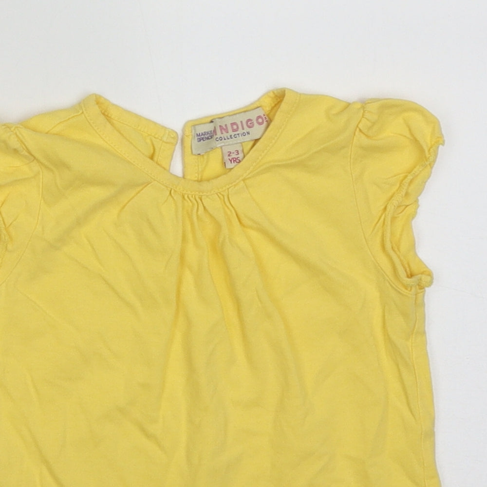 Marks and Spencer Girls Yellow  Cotton Basic T-Shirt Size 2-3 Years Crew Neck Pullover